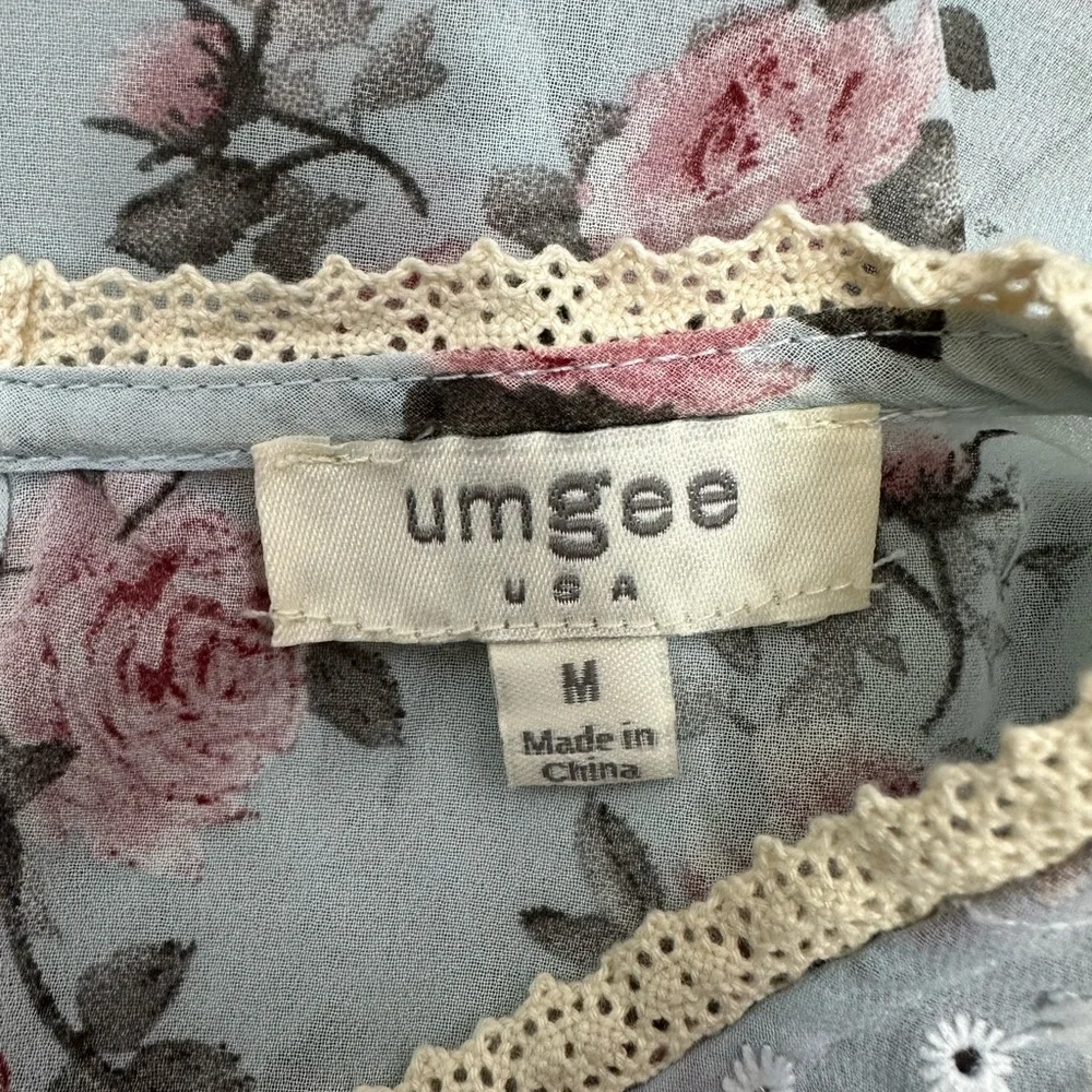 Umgee Floral Sheer Lace Puff Sleeve Top Blouse Medium